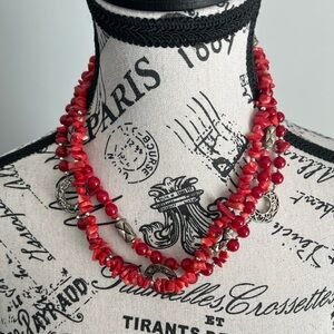 Vintage Premier Designs Red Silver Coral Multi Strand Necklace Boho Statement